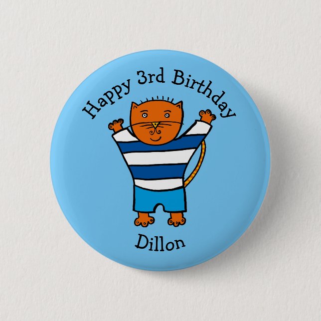 Personalised Dillon the Cat Happy Birthday Pinback Button (Front)