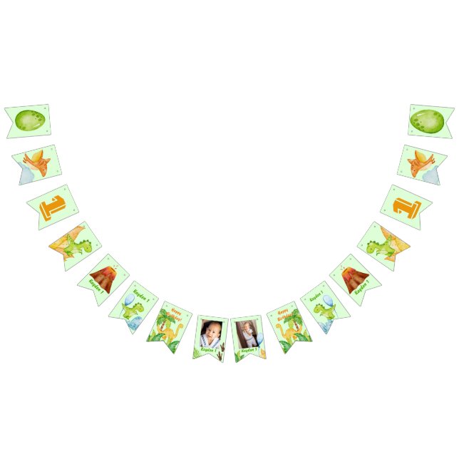 Personalised dinosaur green with 2 photos  bunting flags (All)