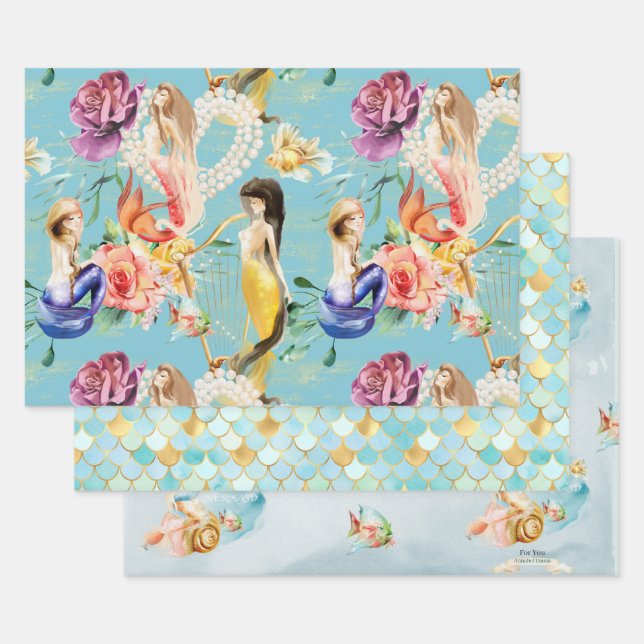Personalised Dreamy Mermaid & Mermaid scales  Wrapping Paper Sheets (Set)