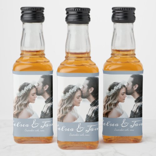 Personalised Dusty Blue Calligraphy Photo Wedding Liquor Bottle Label