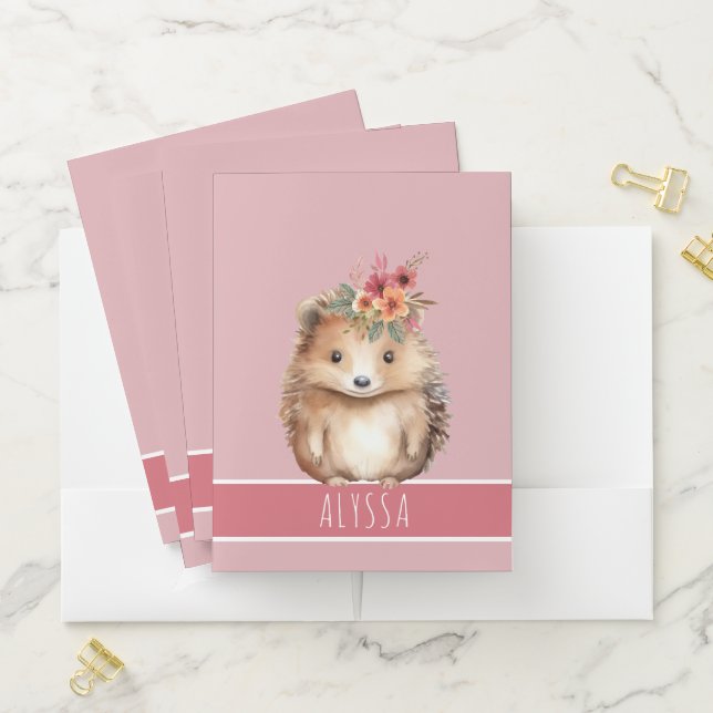Personalised Dusty Pink Hedgehog Pocket Folder (In Situ)