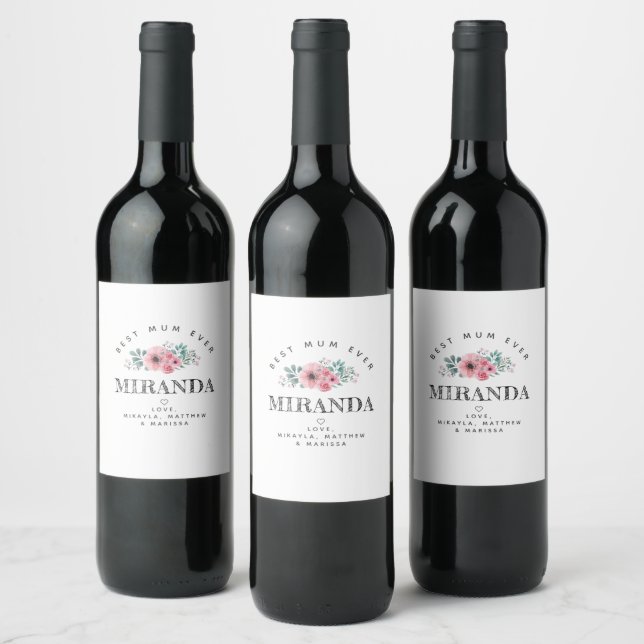 Personalised Elegant Best Mum Ever Pink Flowers Wine Label (Bottles)