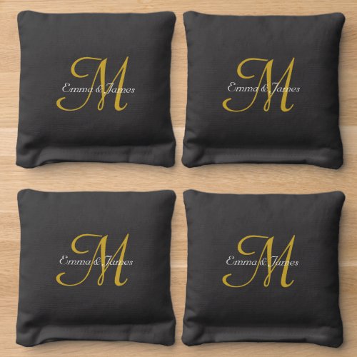 Personalised Elegant Black Gold Monogram Wedding  Cornhole Bags