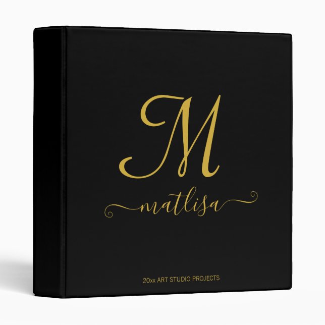 Personalised Elegant Black & Gold Script Monogram  3 Ring Binder (Front/Spine)