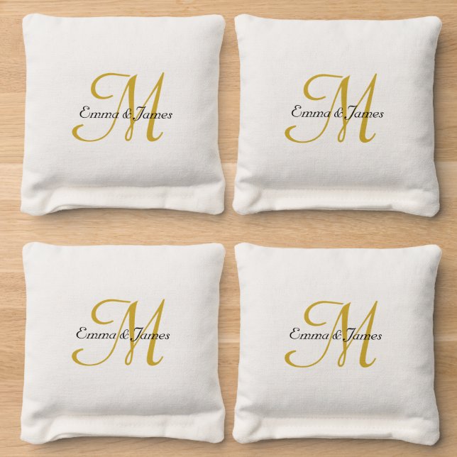 Personalised Elegant White Gold Monogram Wedding  Cornhole Bags (Wood)