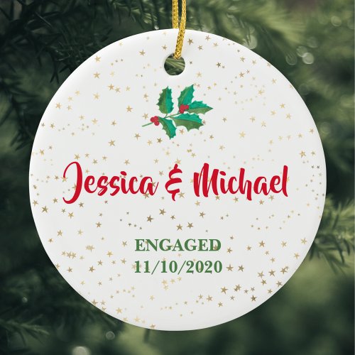 Personalised Engaged Gold Stars Holly Red Green Ceramic Ornament