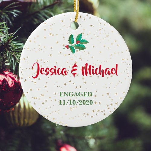 Personalised Engaged Gold Stars Holly Red Green Ceramic Ornament