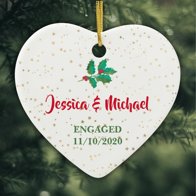 Personalised Engaged Gold Stars Holly Red Green Ceramic Ornament (Creator Uploaded)