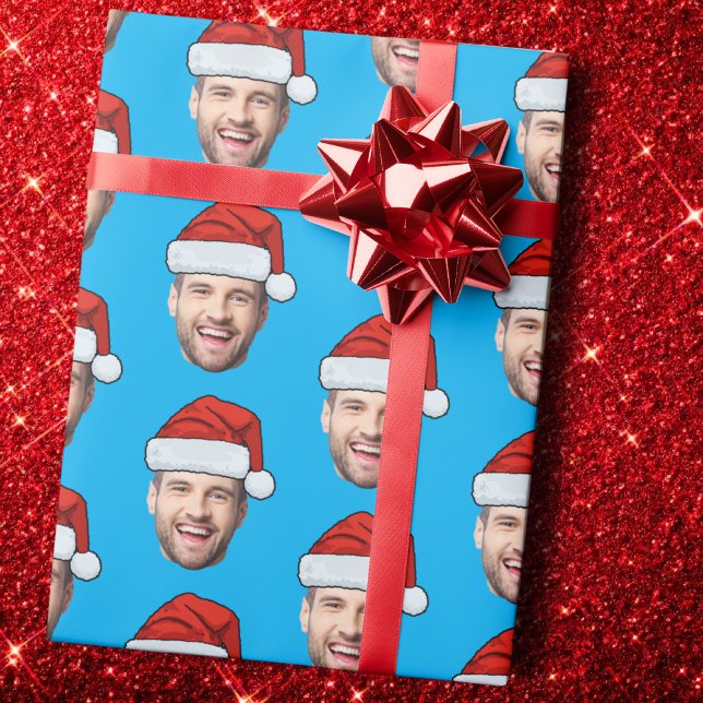 Personalised Face Santa Hat Blue Gift Wrap (Creator Uploaded)