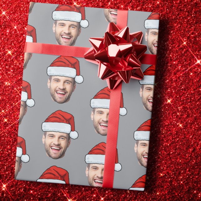 Personalised Face Santa Hat Grey Gift Wrap (Creator Uploaded)