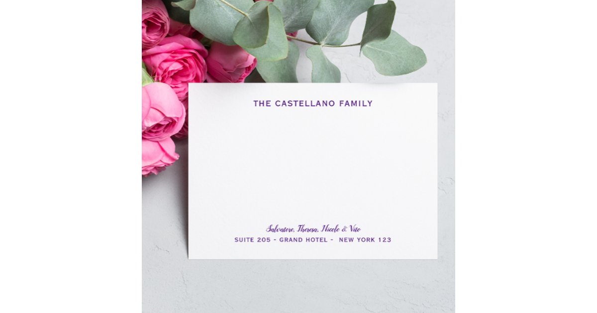 Addressed Cursive Personalised Family Address Cursive Names Purple Note Card | Zazzle