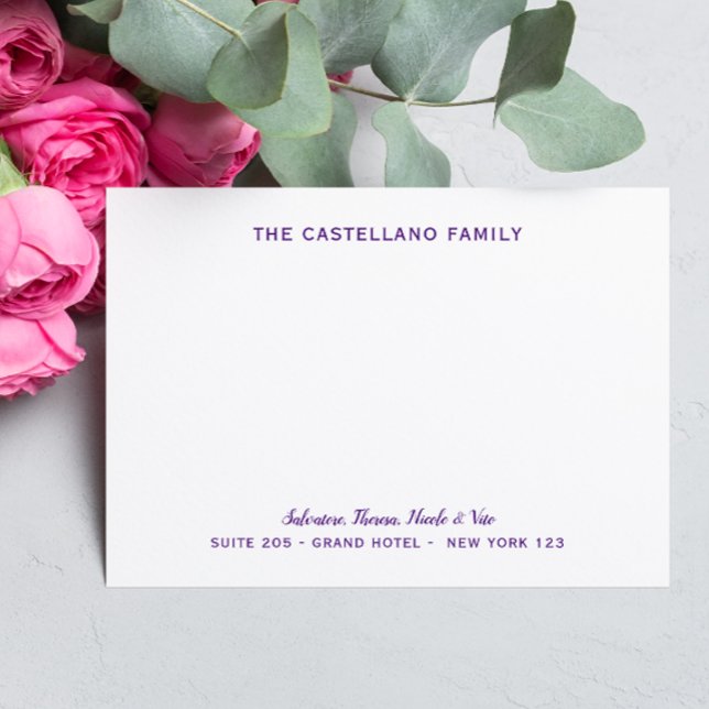 Personalised Family Address Cursive Names Purple Note Card (Creator Uploaded)