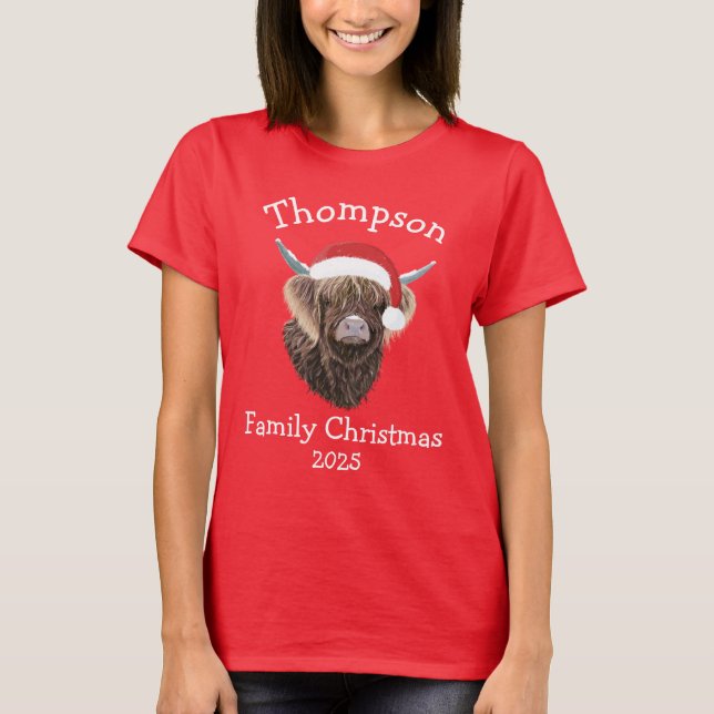 Personalised Family Christmas Highland Cow T-Shirt (Front)