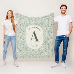 Personalised Family Name Monogram Sage Green Deco Fleece Blanket