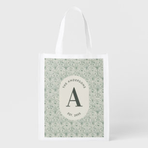 Personalised Family Name Monogram Sage Green Deco  Grocery Bag
