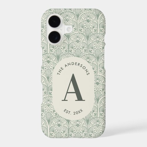 Personalised Family Name Monogram Sage Green Deco iPhone 17 Case