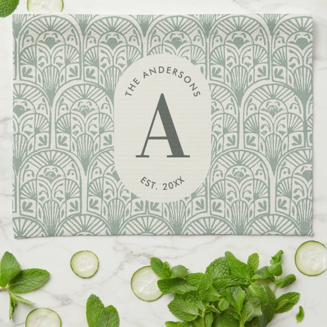Personalised Family Name Monogram Sage Green Deco Kitchen Towel (Folded)