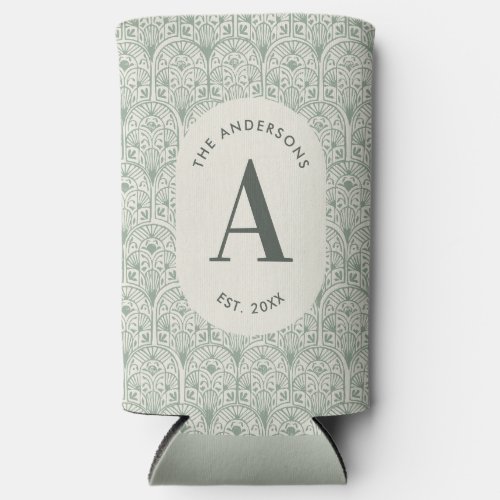 Personalised Family Name Monogram Sage Green Deco Seltzer Can Cooler