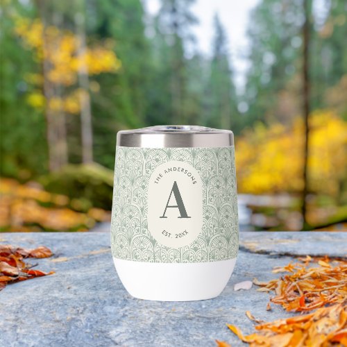 Personalised Family Name Monogram Sage Green Deco Thermal Wine Tumbler