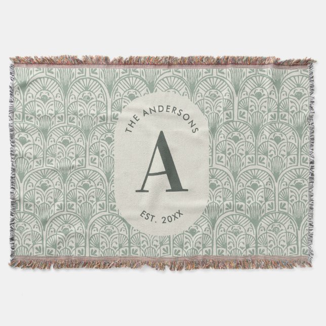 Personalised Family Name Monogram Sage Green Deco Throw Blanket (Front)