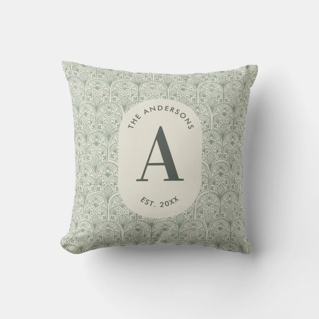 Personalised Family Name Monogram Sage Green Deco Throw Pillow (Front)