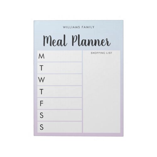 Personalised Family Weekly Meal Planner Notepad