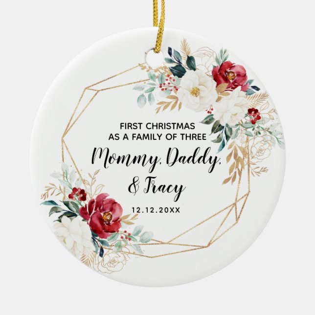 Personalised First Christmas As A Family of Three  Ceramic Ornament (Front)