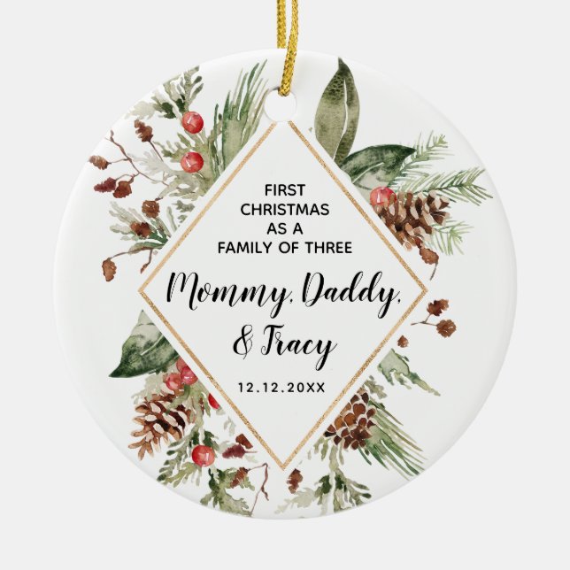Personalised First Christmas As A Family of Three  Ceramic Ornament (Front)