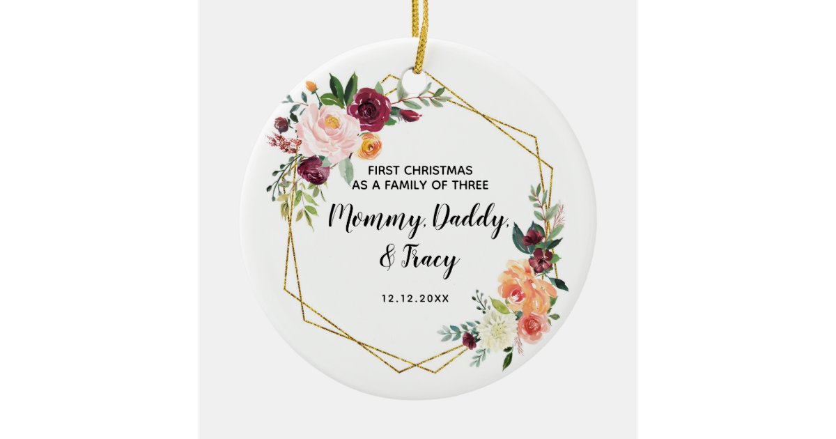 Personalised First Christmas As A Family of Three Ceramic Ornament | Zazzle
