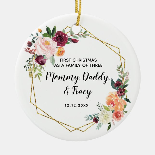 Personalised First Christmas As A Family of Three Ceramic Ornament (Front)