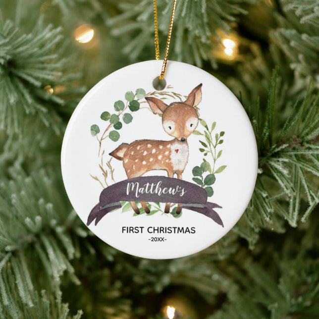 Personalised First Christmas Baby BoyWoodland Ceramic Ornament (Tree)