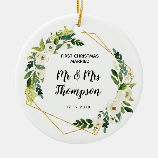 Personalised First Christmas Married as Mr & Mrs Ceramic Ornament (Front)