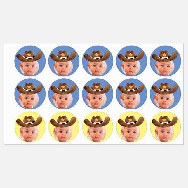 PERSONALISED foto face stickers party cowboy star (Sheet)