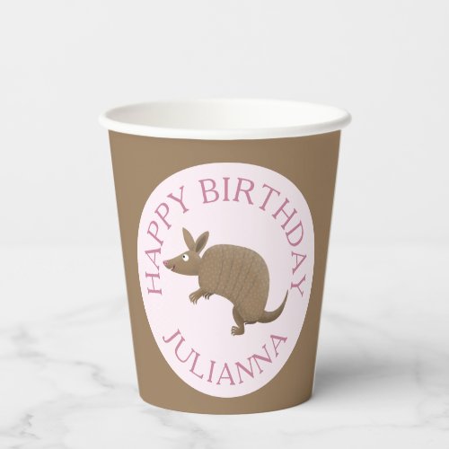 Personalised fun armadillo happy birthday cartoon paper cups
