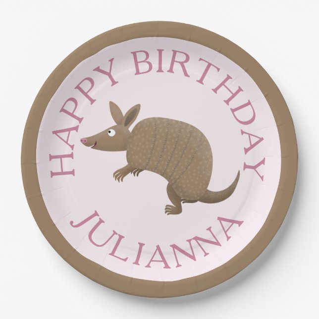 Personalised fun armadillo happy birthday cartoon paper plates (Front)