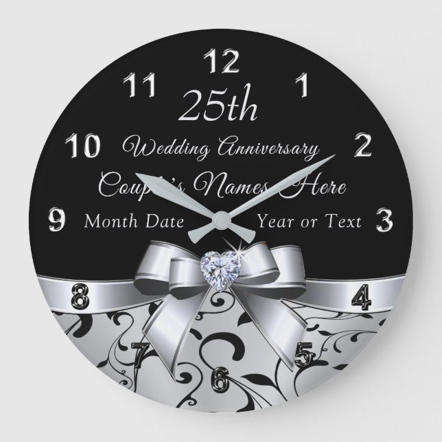 Personalised Gift for 25th Marriage Anniversary Large Clock (Front)