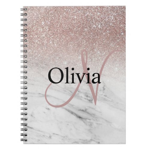Personalised Girly Rose Gold Glitter Blush Marble Notebook