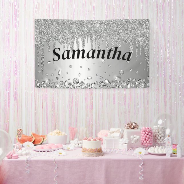 Personalised  Glitter Crystal Diamond Silver Happy Banner (Party)