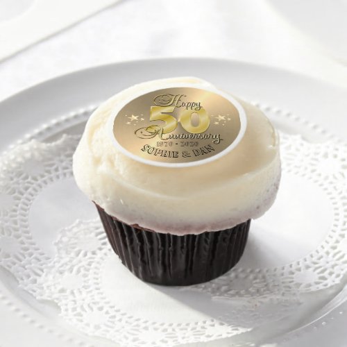 Personalised Gold 50th Anniversary Cupcake Toppers Edible Frosting Rounds