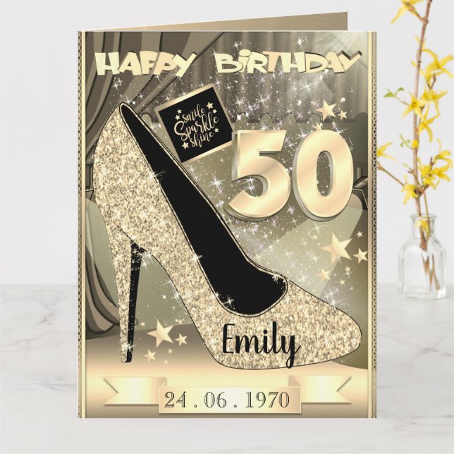 Personalised Gold 50th Birthday Card Idea For Her (Yellow Flower)