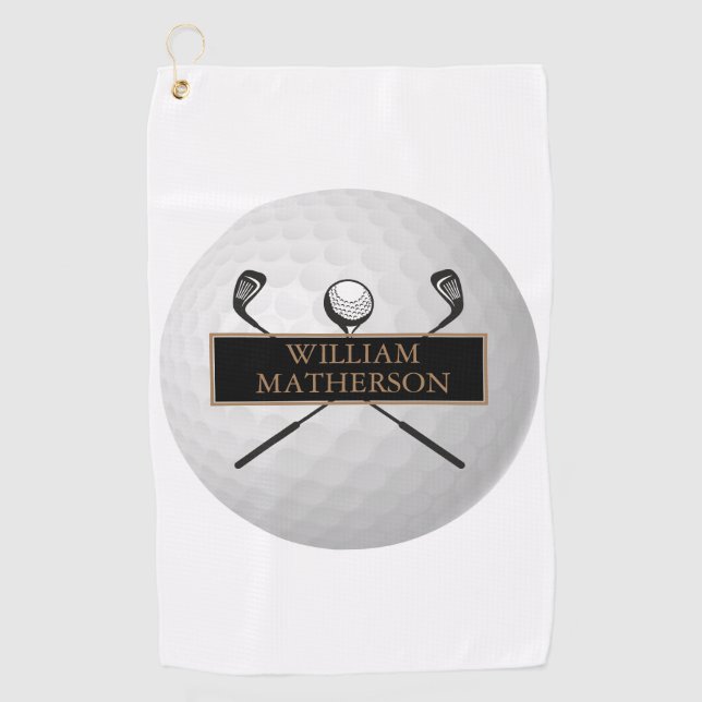 Personalised Gold and Black Golf Ball Classic Golf Towel (Front)