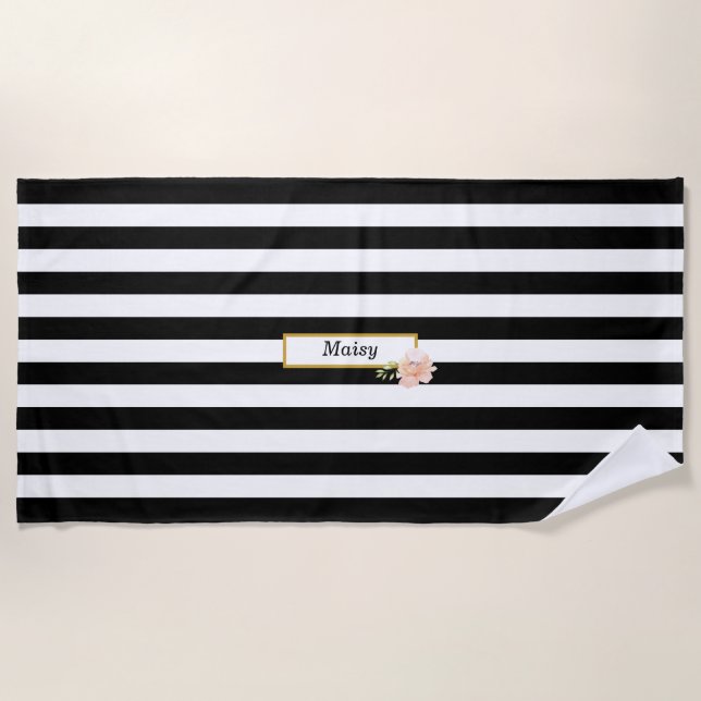 Personalised Gold Black and White Striped Beach Towel (Front)