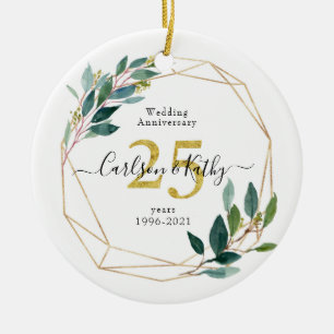 Personalised Gold Greenery 25 Anniversary Ceramic Ornament