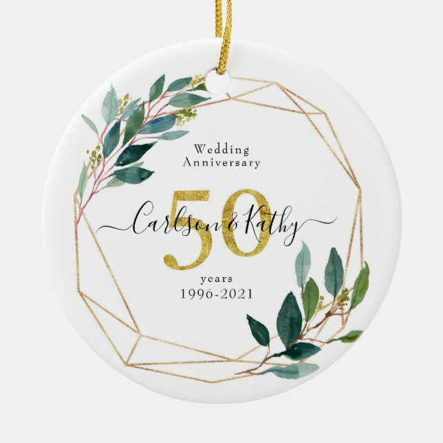 Personalised Gold Greenery 50 Anniversary Ceramic Ornament (Front)