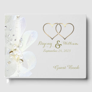 Personalised Gold Hearts Pearls And Lace Wedding Guest Book