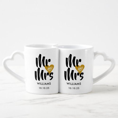 Personalised Golden Hearts Mr and Mrs Coffee Mug Set