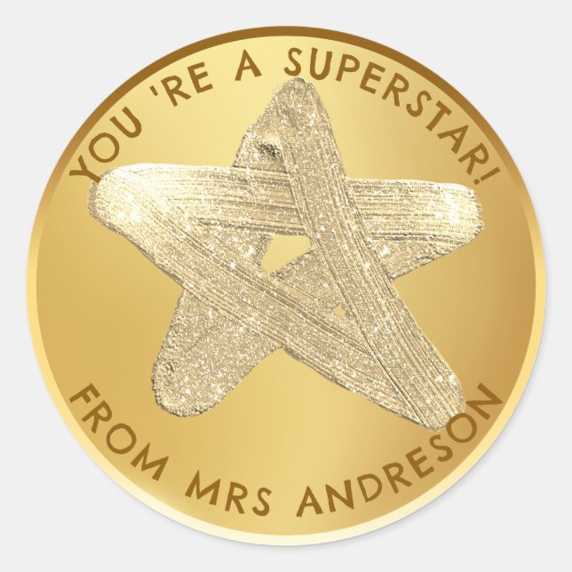 Personalised golden superstar Teacher Reward  Classic Round Sticker (Front)