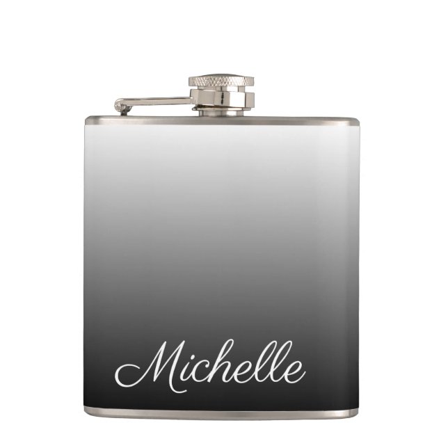 Personalised gradient ombre black shades of grey flask (Front)