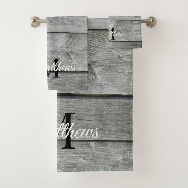 Personalised Gray Country Rustic Monogram Name  Bath Towel Set (Insitu)