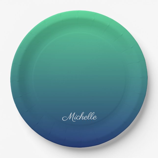 Personalised green and blue ombre paper plates (Front)